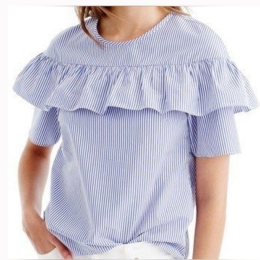 J. Crew Edie Blue and White Striped Ruffle Blouse